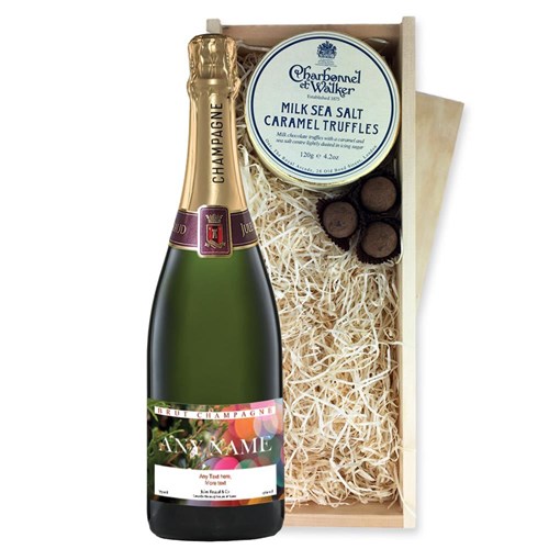 Personalised Champagne - Xmas 1 Label And Milk Sea Salt Charbonnel Chocolates Box